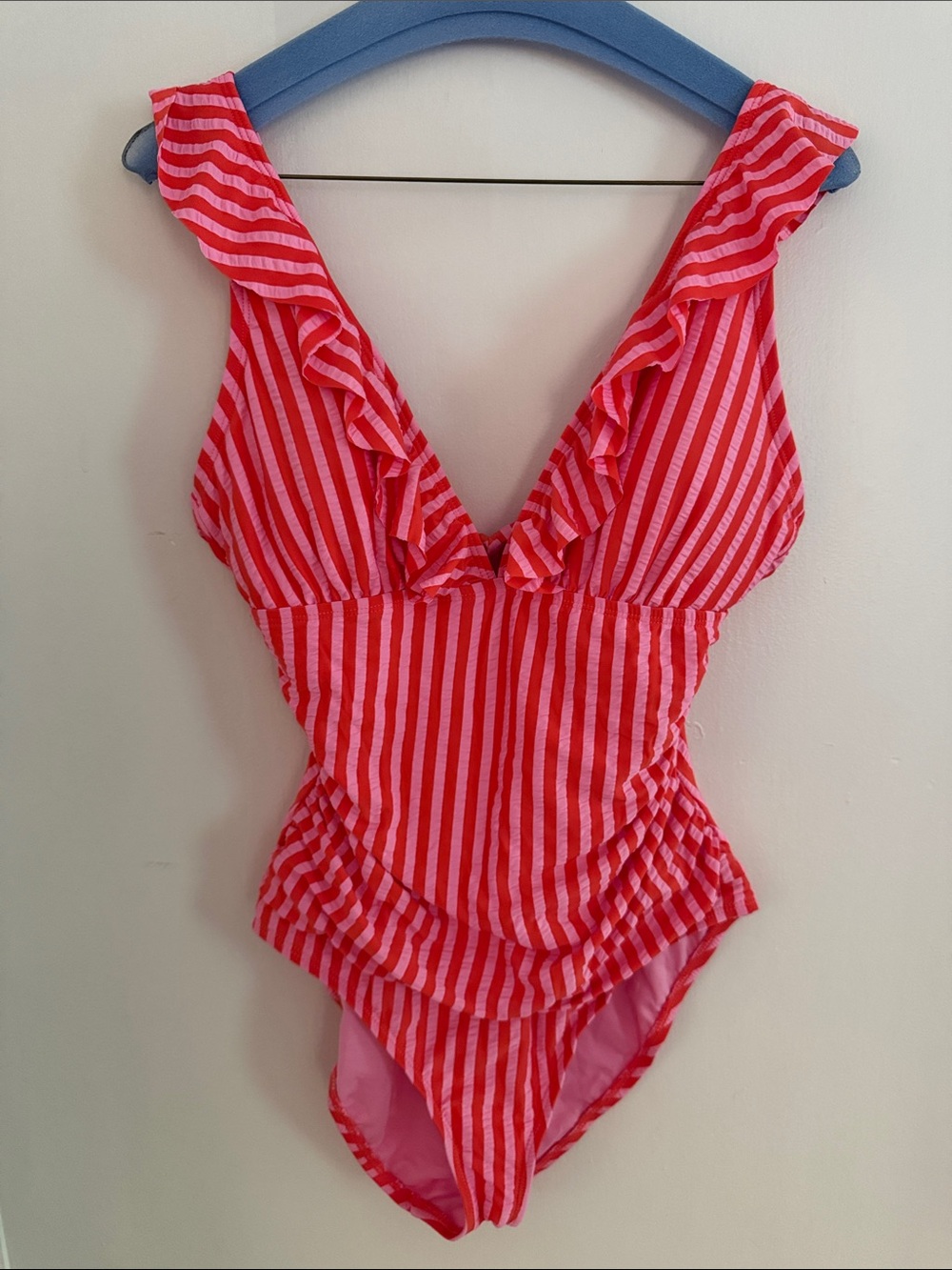 Ellen Tracy Pink & Red Vertical Stripe Ruffle One-Piece Swimsuit - 12